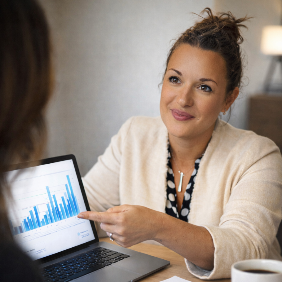 Portrait d'une femme avec un chignon, portant un blazer clair et un haut imprimé.